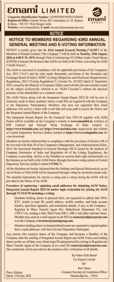 Emami Limited: Notice of 43rd Annual General Meeting and E-Voting Information