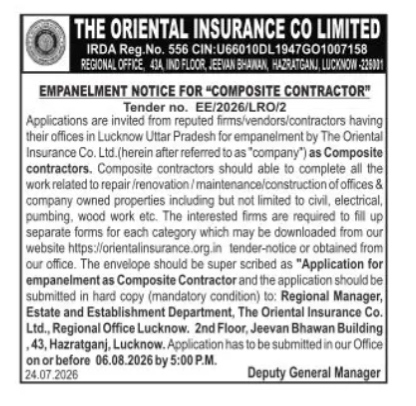 Empanelment Notice for "Composite Contractor" - The Oriental Insurance Co. Limited