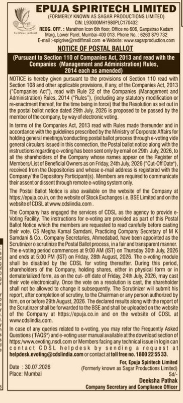Epuja Spiritech Limited Notice of Postal Ballot (July 2026)