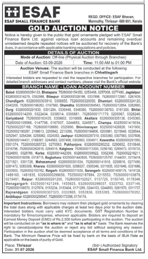 ESAF Small Finance Bank Gold Auction Notice - Chhattisgarh Branches