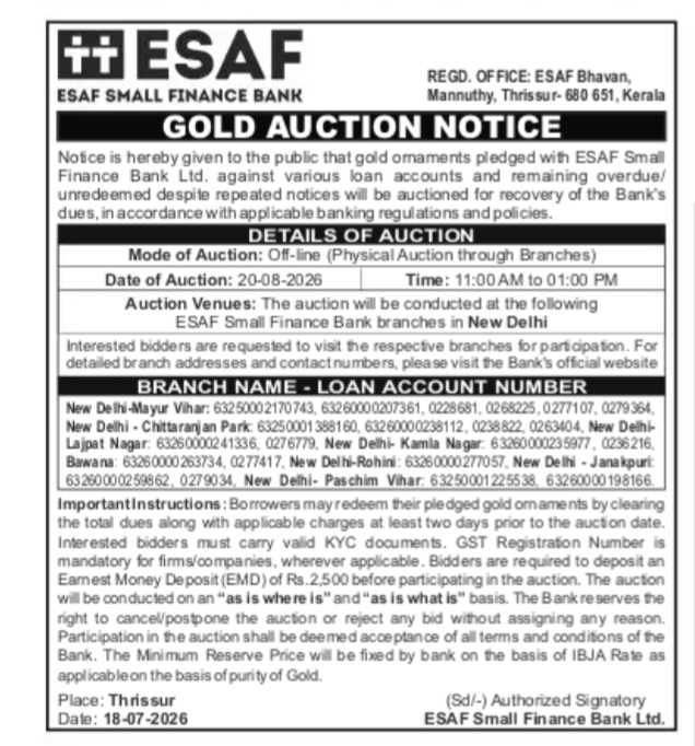 ESAF Small Finance Bank Gold Auction Notice (New Delhi Branches)