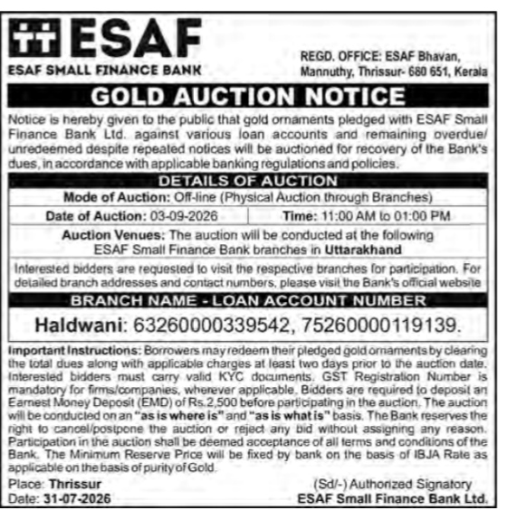 ESAF Small Finance Bank Gold Auction Notice (Uttarakhand Branches)