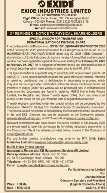 Exide Industries Special Window Notice for Physical Shareholders