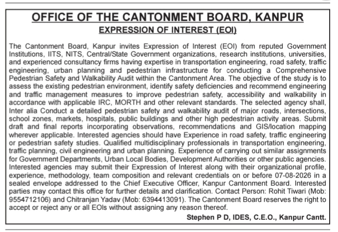 Expression of Interest (EOI) for Comprehensive Pedestrian Safety and Walkability Audit by Cantonment Board, Kanpur