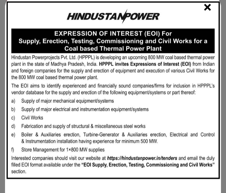 Expression of Interest (EOI) for Hindustan Power Thermal Power Plant Works