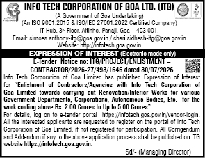 Expression of Interest for Enlistment of Contractors (Renovation/Interior Works) – Info Tech Corporation of Goa Ltd.