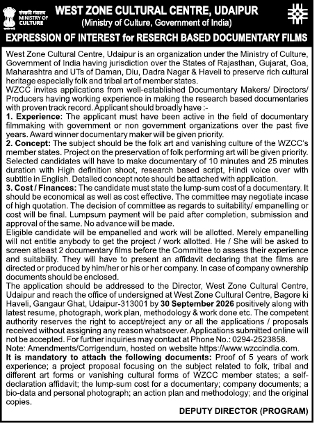Expression of Interest for Research-Based Documentary Films (WZCC Udaipur)
