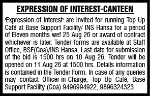 Expression of Interest for Running Top Up Café at INS Hansa