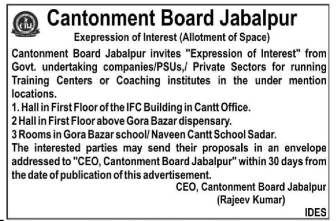 Expression of Interest for Training Center Space Allotment – Cantonment Board Jabalpur