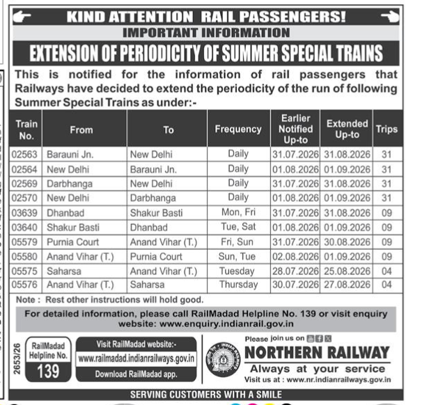 Extension of Periodicity of Summer Special Trains – Northern Railway Notice