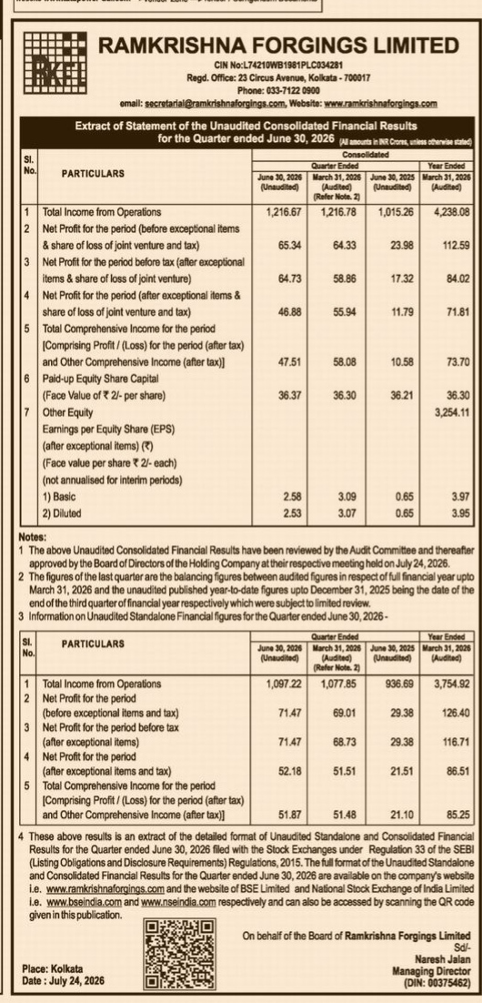 Extract of Unaudited Financial Results for Ramkrishna Forgings Limited (Quarter Ended June 30, 2026)