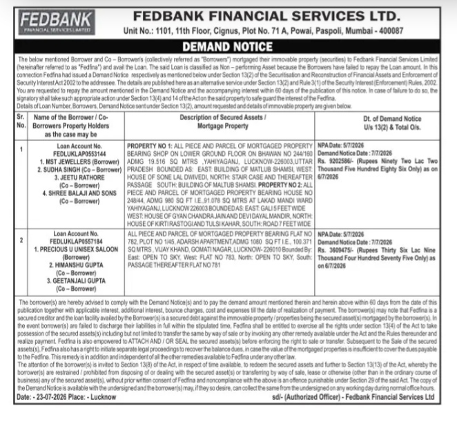 Fedbank Financial Services Ltd. Public Demand Notice for NPA Accounts (Lucknow Properties)