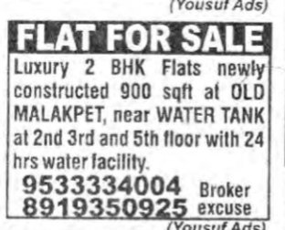 FLAT FOR SALE IN OLD MALAKPET