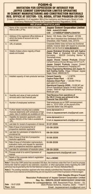 Form-G Invitation for Expression of Interest for Jaypee Cement Corporation Limited
