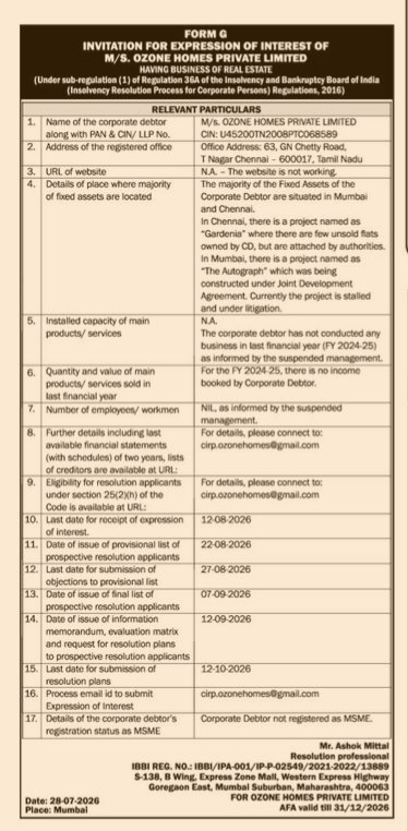 FORM G: Invitation for Expression of Interest for M/S. Ozone Homes Private Limited
