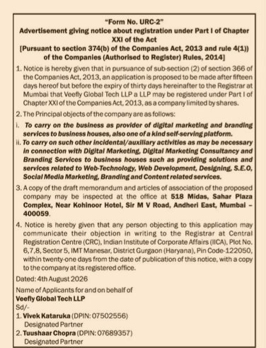 Form No. URC-2: Advertisement Giving Notice About Registration of Veefly Global Tech LLP