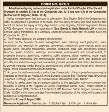 FORM NO. URC-2: Advertisement Giving Notice About Registration Under Part I of Chapter XXI of the Act