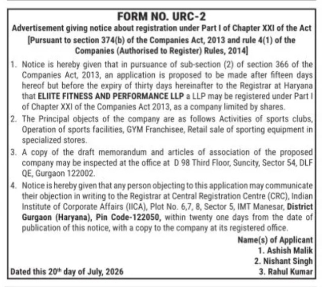 Form No. URC-2 Advertisement Notice for Eliite Fitness and Performance LLP