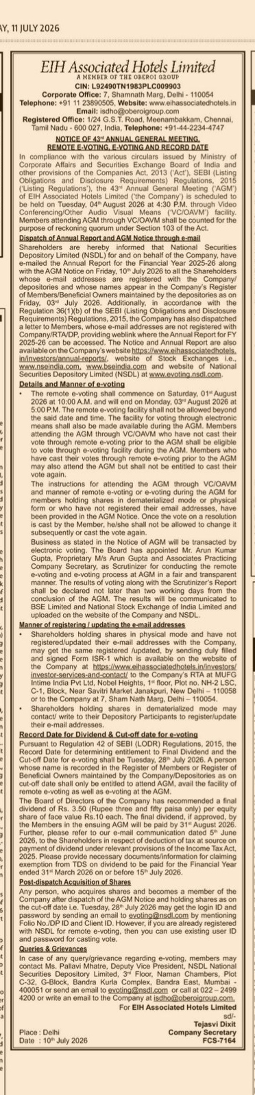 FORMAL NOTICE FOR THE 43RD ANNUAL GENERAL MEETING
