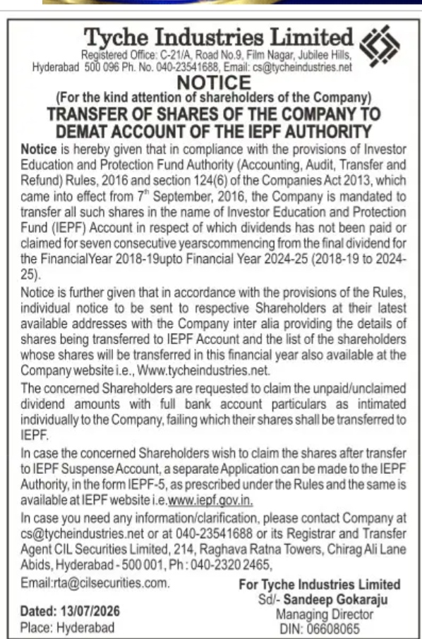 FORMAL NOTICE FROM TYCHE INDUSTRIES