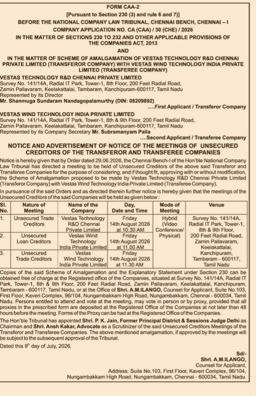 FORMAL NOTICE REGARDING A COMPANY AMALGAMATION