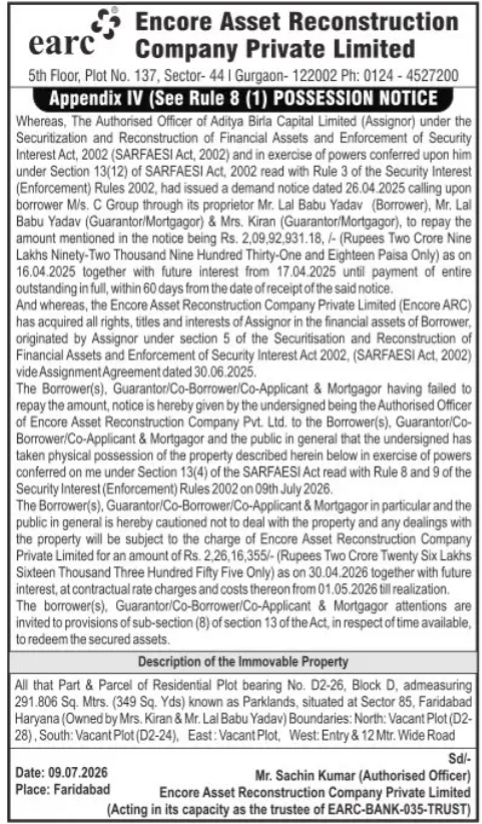 FORMAL POSSESSION NOTICE ISSUED BG ENCORE ASSET COMPANY