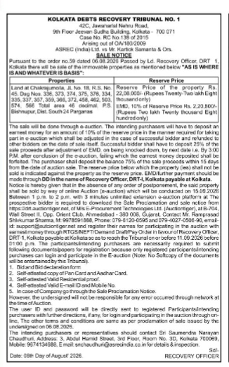 formal Sale Notice for an E-Auction issued by the Kolkata Debts Recovery Tribunal No. 1.