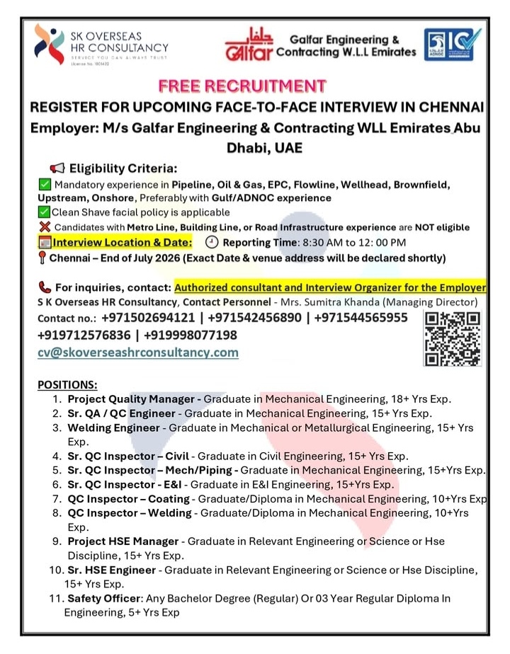 FREE RECRUITMENT FOR DUBAI PROJECT