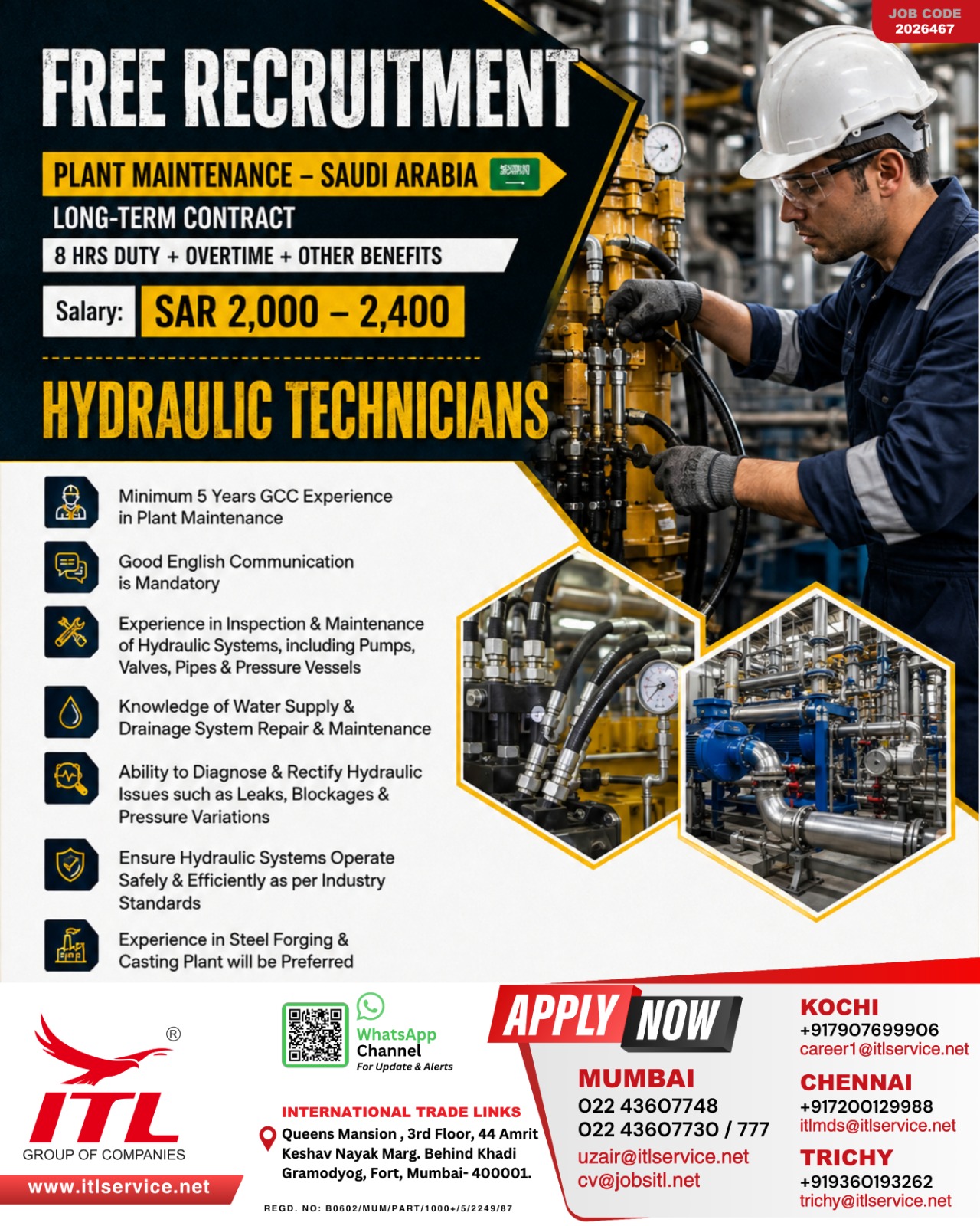 Free Recruitment: Hydraulic Technicians for Saudi Arabia