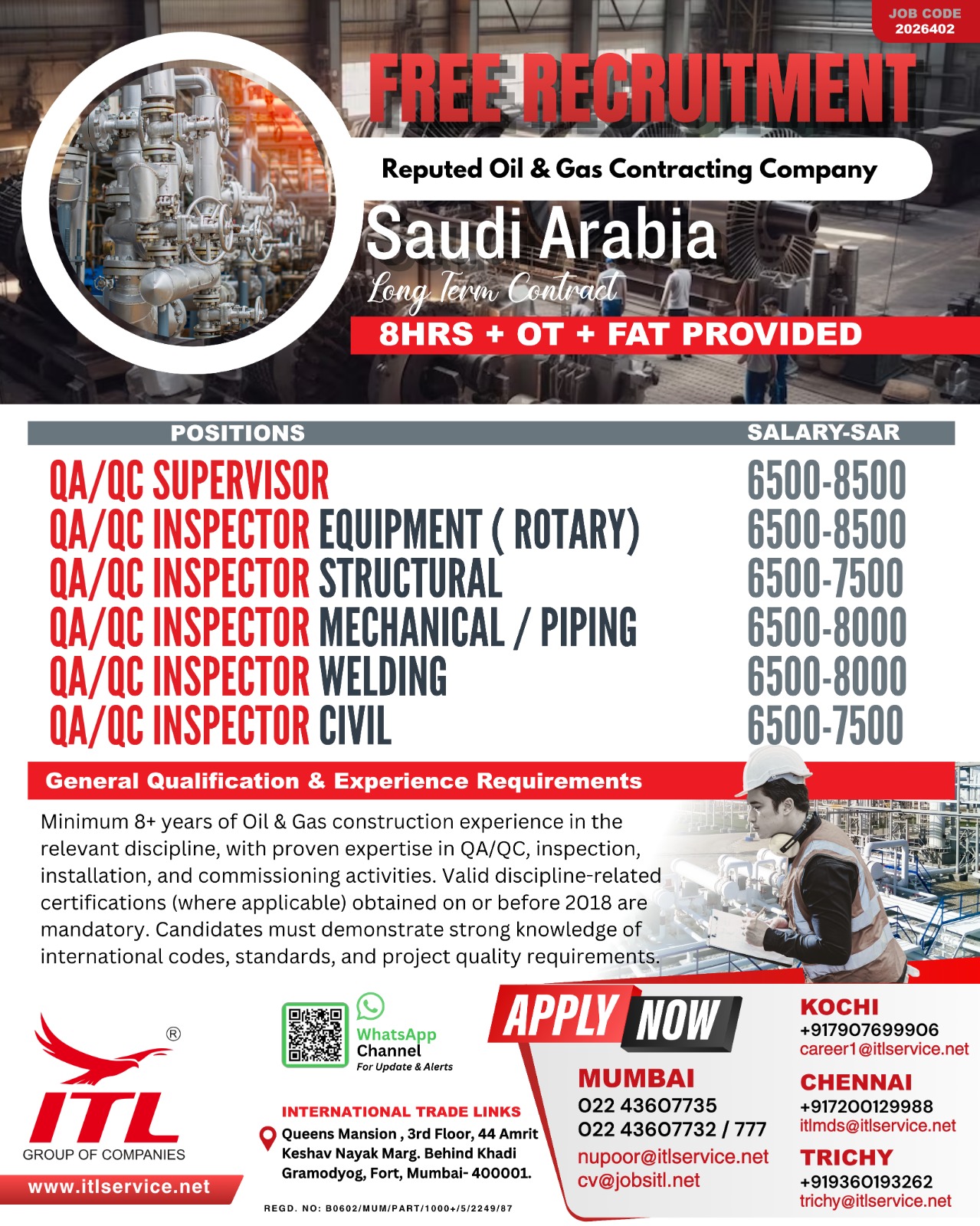 Free Recruitment: QA/QC Positions in Saudi Arabia