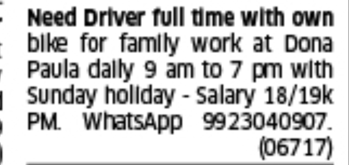 Full-Time Driver Job Ad (Dona Paula)