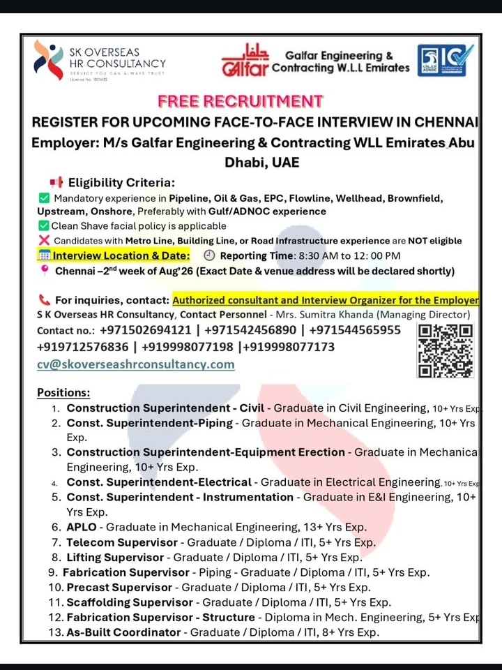 Galfar Emirates Recruitment Drive - Chennai Interview Schedule