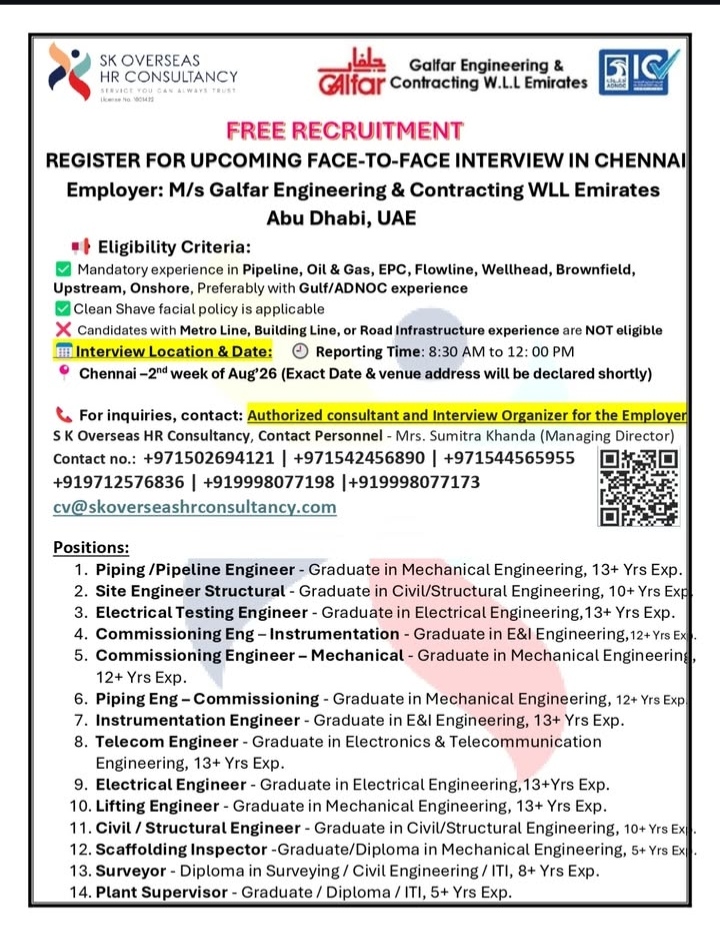 Galfar Engineering Abu Dhabi UAE Recruitment Drive August 2026