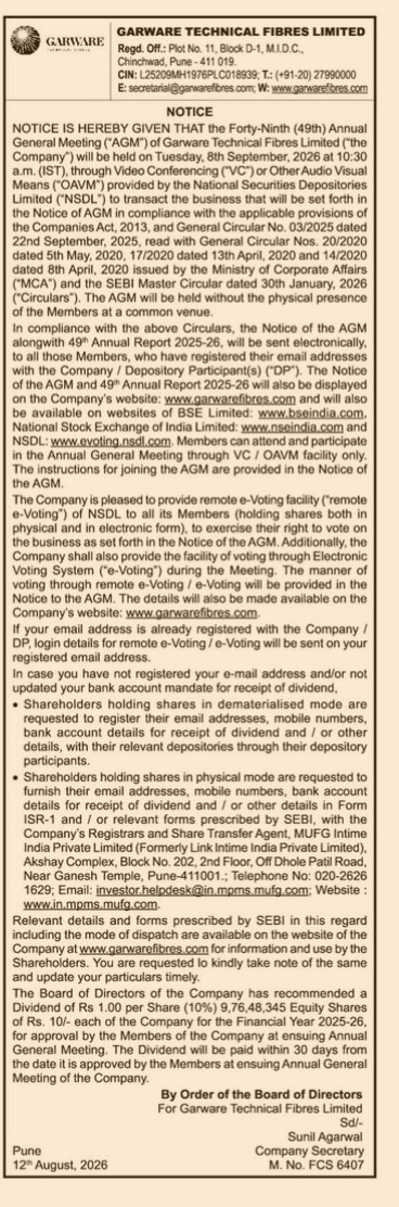 Garware Technical Fibres Limited 49th AGM Notice (2026)