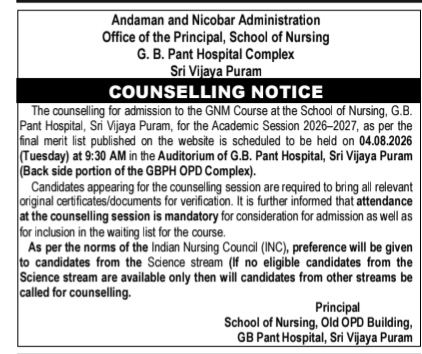 G.B. Pant Hospital GNM Admission Counselling Notice 2026–2027
