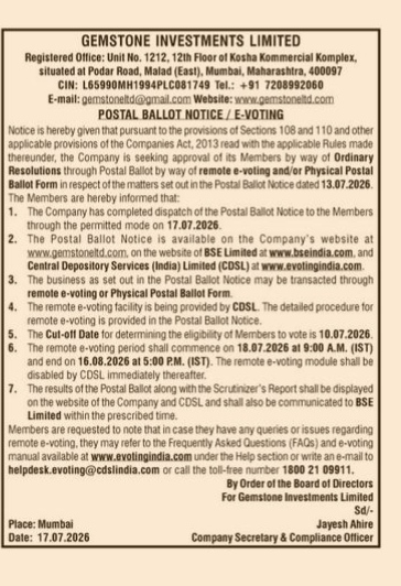 Gemstone Investments Limited Shareholders Notice