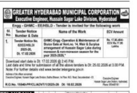 GHMC Hussain Sagar Lake Division Tender Notice (February 2026)