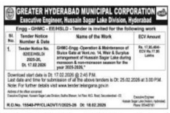 GHMC Hussain Sagar Lake Maintenance Tender Notice