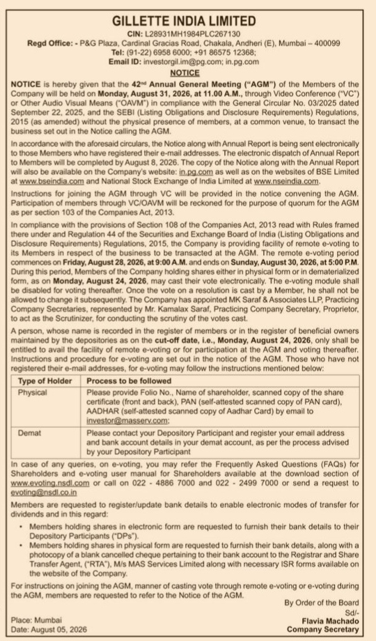 Gillette India Limited: Notice of 42nd Annual General Meeting