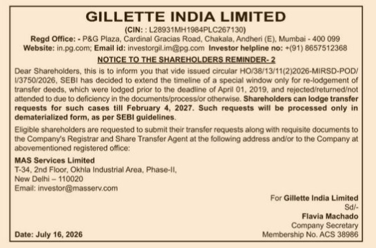 Gillette India Limited Notice to Shareholders Reminder-2 (July 2026)