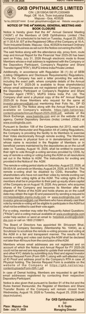 GKB Ophthalmics Limited 44th Annual General Meeting and Book Closure Notice