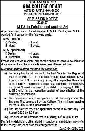 Goa College of Art MFA Admissions 2026–27