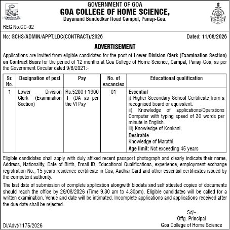 Goa College of Home Science Recruitment Advertisement (August 2026)