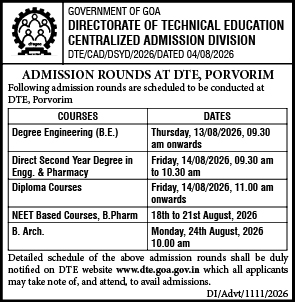 Goa DTE Centralized Admission Rounds Schedule 2026If