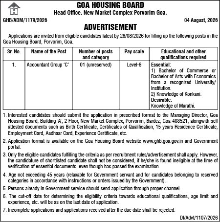 Goa Housing Board Recruitment Advertisement 2026