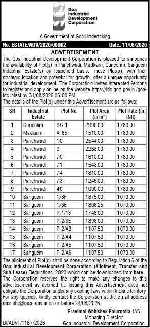 Goa Industrial Development Corporation Plot Allotment Advertisement (August 2026)