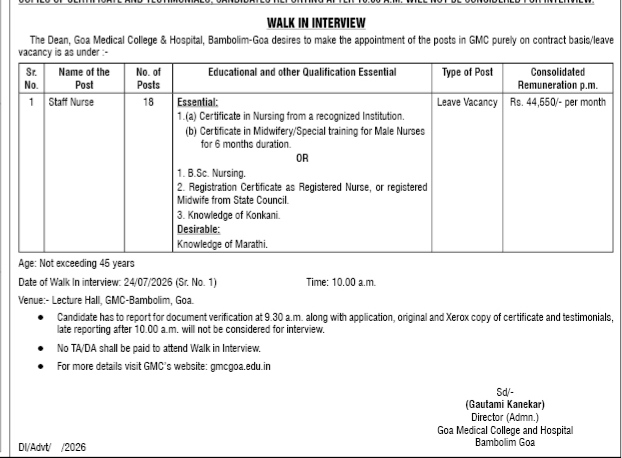 Goa Medical College & Hospital (GMC) Staff Nurse Walk-In Interview Notification 2026