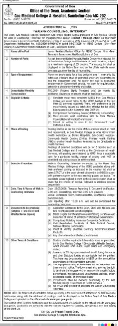 Goa Medical College JR/MO Walk-In Interview Notification