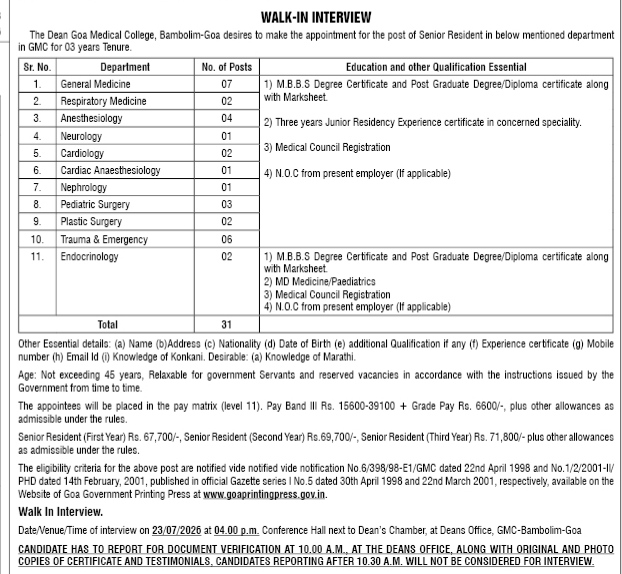 Goa Medical College Senior Resident Recruitment Notification 2026