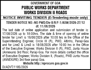 Goa PWD Notice Inviting Tender (August 2026)